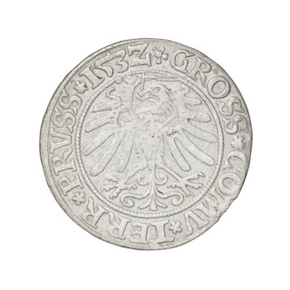 Prussian grosz, Sigismund I the Old (King of Poland; 1506–1548). Obverse: Crowned male bust in