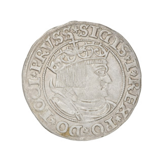 Prussian grosz, Sigismund I the Old (King of Poland; 1506–1548). Obverse: Crowned male bust in