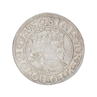 Prussian grosz, Sigismund I the Old (King of Poland; 1506–1548). Obverse: Crowned male bust in