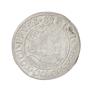 Prussian grosz, Sigismund I the Old (King of Poland; 1506–1548). Obverse: Crowned male bust in