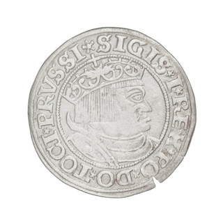 Prussian grosz, Sigismund I the Old (King of Poland; 1506–1548). Obverse: Crowned male bust in