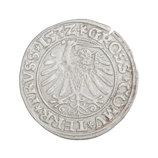 Prussian grosz, Sigismund I the Old (King of Poland; 1506–1548); silver coin (grosz), 1532, Torun,
