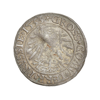 Prussian grosz, Sigismund I the Old (King of Poland; 1506–1548). Obverse: crowned male bust in