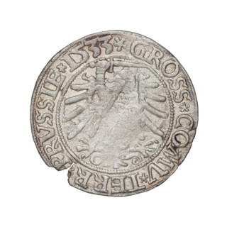 Prussian grosz, Sigismund I the Old (King of Poland; 1506–1548). Obverse: Crowned male bust in