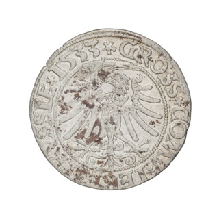 Prussian grosz, Sigismund I the Old (King of Poland; 1506–1548). Obverse: Crowned male bust in