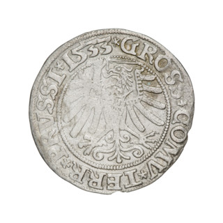 Prussian grosz, Sigismund I the Old (King of Poland; 1506–1548). Obverse: Crowned male bust in