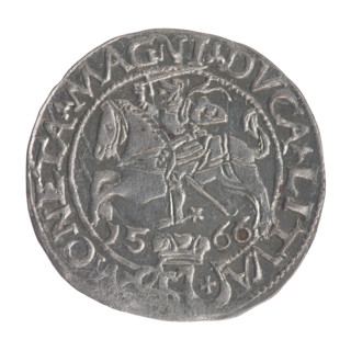 Lithuanian grosz on a Polish foot, Sigismund II Augustus (king of Poland; 1544–1572). Obv.: Crowned