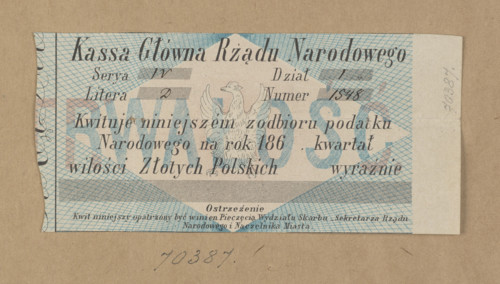 National tax receipt from the Main Cash Register of the National Government for National Tax,