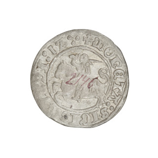 Lithuanian half-grosz, Sigismund I the Old (king of Poland; 1506–1548). Obverse: Pogon turned left;
