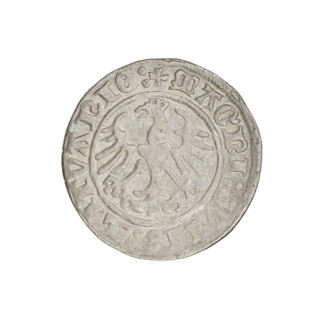 Lithuanian half-grosz, Sigismund I the Old (king of Poland; 1506–1548). Obverse: Pogon turned left;