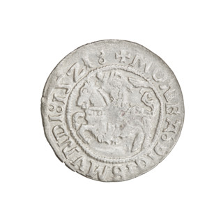 Lithuanian half-grosz, Sigismund I the Old (king of Poland; 1506–1548). Obverse: Pogon (Lithuanian