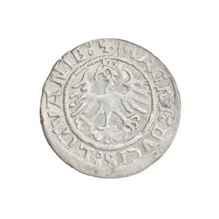 Lithuanian half-grosz, Sigismund I the Old (king of Poland; 1506–1548). Obverse: Pogon (Lithuanian