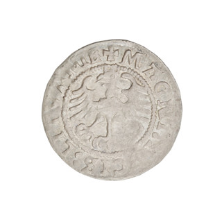 Lithuanian half-grosz, Sigismund I the Old (king of Poland; 1506–1548). R6 (rarity). Obverse: Pogon