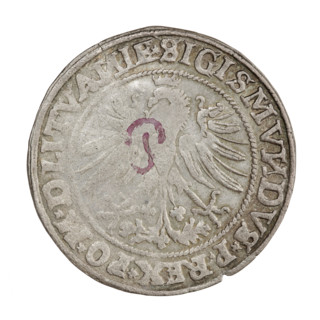 Lithuanian grosz, Sigismund I the Old (King of Poland; 1506–1548). Obverse: Polish crowned eagle;