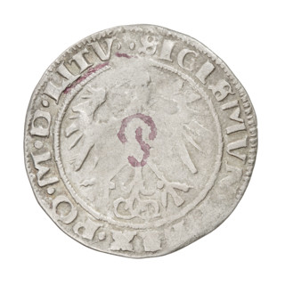 Lithuanian grosz, Sigismund I the Old (King of Poland; 1506–1548). Obverse: Polish crowned eagle;
