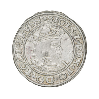 Prussian grosz, Sigismund I the Old (King of Poland; 1506–1548). Obverse: Crowned male bust in