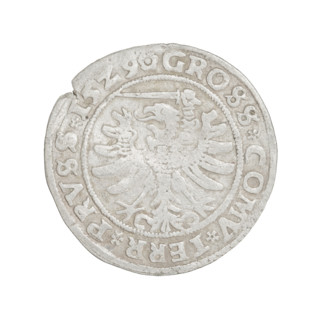 Prussian grosz, Sigismund I the Old (King of Poland; 1506–1548). Obverse: Crowned male bust in
