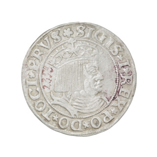 Prussian grosz, Sigismund I the Old (King of Poland; 1506–1548). Obverse: Crowned male bust in