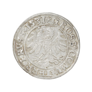 Prussian grosz, Sigismund I the Old (King of Poland; 1506–1548). Obverse: Crowned male bust in