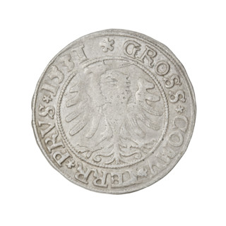 Prussian grosz, Sigismund I the Old (King of Poland; 1506–1548). Obverse: Crowned male bust in