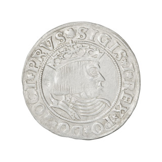 Prussian grosz, Sigismund I the Old (King of Poland; 1506–1548). Obverse: Crowned male bust in