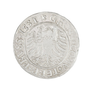 Prussian grosz, Sigismund I the Old (King of Poland; 1506–1548). Obverse: Crowned male bust in