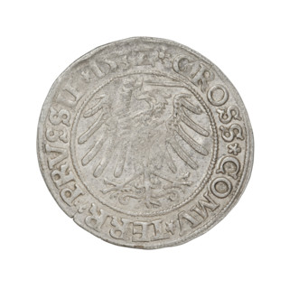 Prussian grosz, Sigismund I the Old (King of Poland; 1506–1548). Obverse: Crowned male bust in
