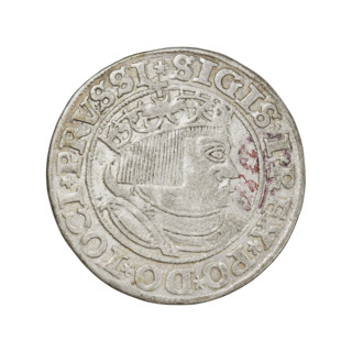 Prussian grosz of Sigismund I the Old (King of Poland; 1506–1548). Obverse: Crowned male bust in