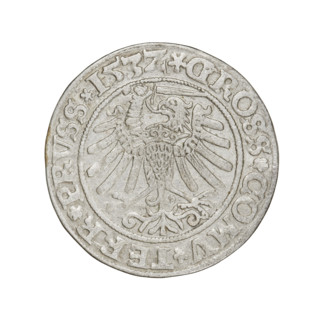Prussian grosz of Sigismund I the Old (King of Poland; 1506–1548). Obverse: Crowned male bust in