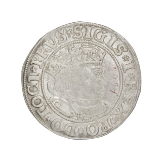 Prussian grosz of Sigismund I the Old (King of Poland; 1506–1548). Obverse: Crowned male bust in