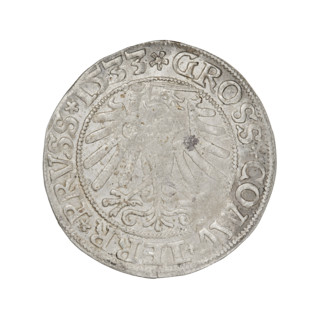 Prussian grosz, Sigismund I the Old (King of Poland; 1506–1548). R8 (rarity). Features eagles,