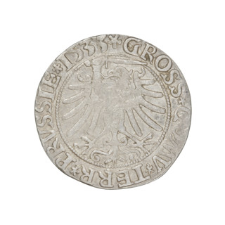 Prussian grosz, Sigismund I the Old (King of Poland; 1506–1548). Obverse: Crowned male bust in