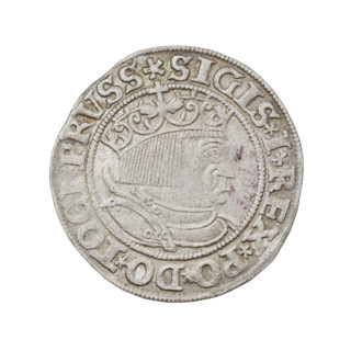 Prussian grosz, Sigismund I the Old (King of Poland; 1506–1548). Obverse: Crowned male bust in