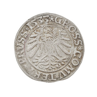 Prussian grosz, Sigismund I the Old (King of Poland; 1506–1548). Obverse: Crowned male bust in