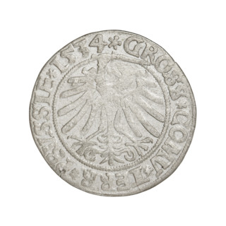 Prussian grosz, Sigismund I the Old (King of Poland; 1506–1548). Obverse: Crowned male bust in