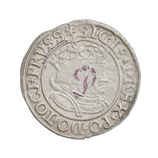Prussian grosz, Sigismund I the Old (King of Poland; 1506–1548). Obverse: Crowned male bust in
