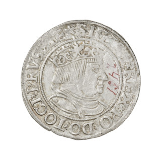 Prussian grosz, Sigismund I the Old (King of Poland; 1506–1548). Obverse: Crowned male bust in