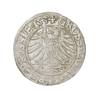 Prussian grosz, Sigismund I the Old (King of Poland; 1506–1548). Obverse: Crowned male bust in