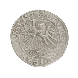 Prussian grosz, Sigismund I the Old (King of Poland; 1506–1548). Obverse: Crowned male bust in