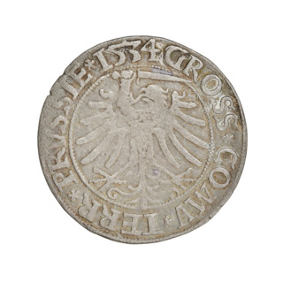Prussian grosz of Sigismund I the Old (King of Poland; 1506–1548). Obverse: Crowned male bust in