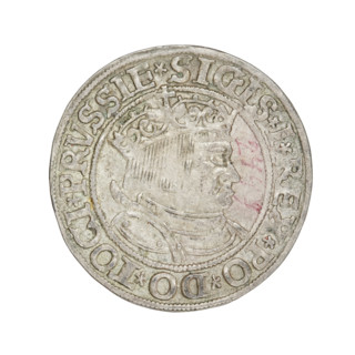 Prussian grosz, Sigismund I the Old (King of Poland; 1506–1548). Obverse: Crowned male bust in