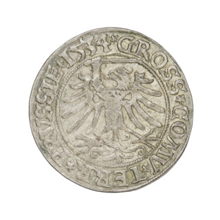 Prussian grosz, Sigismund I the Old (King of Poland; 1506–1548). Obverse: crowned male bust in