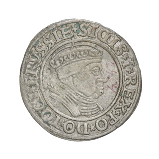 Prussian grosz, Sigismund I the Old (King of Poland; 1506–1548). Obverse: Crowned male bust in