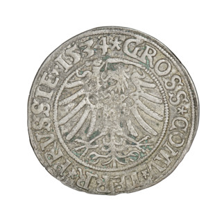 Prussian grosz, Sigismund I the Old (King of Poland; 1506–1548). Obverse: Crowned male bust in