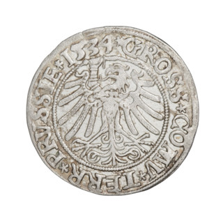 Prussian grosz, Sigismund I the Old (King of Poland; 1506–1548). Obverse: Crowned male bust in