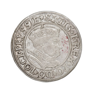Prussian grosz, Sigismund I the Old (King of Poland; 1506–1548). Obverse: Crowned male bust in