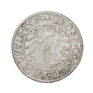Prussian grosz, Sigismund I the Old (King of Poland; 1506–1548). Obverse: Crowned male bust in