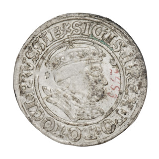 Prussian grosz, Sigismund I the Old (King of Poland; 1506–1548). Obverse: Crowned male bust in