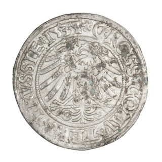Prussian grosz, Sigismund I the Old (King of Poland; 1506–1548). Obverse: Crowned male bust in