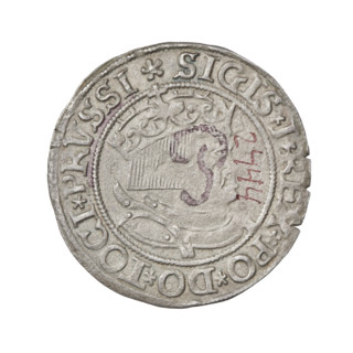 Prussian grosz, Sigismund I the Old (King of Poland; 1506–1548). Obverse: Crowned male bust in